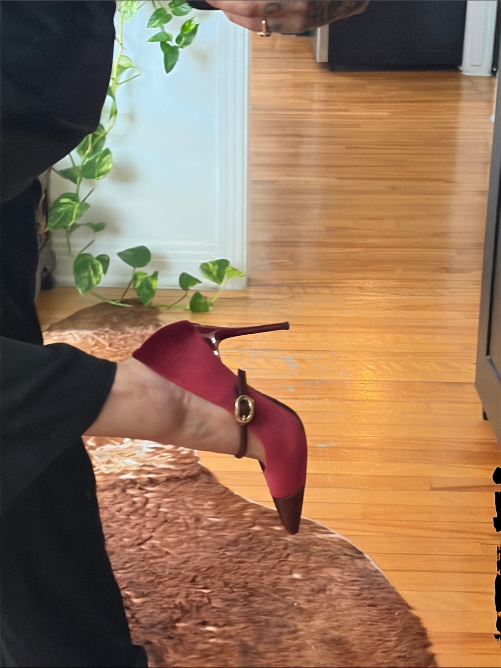 Burgundy Velvet Pointed Mary Jane Stiletto Heels - Picture 4 of 4